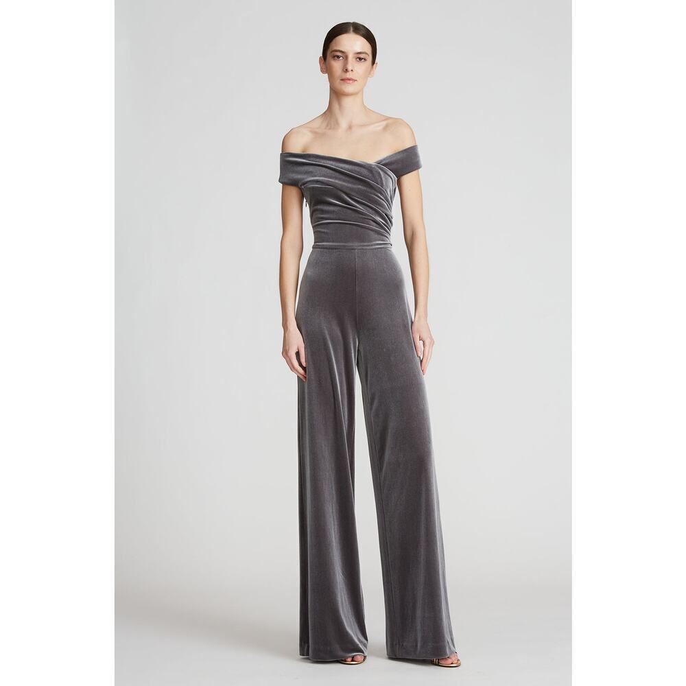 Halston Off the Shoulder Wren Steel Velvet Jumpsuit Ruched Wide Leg Size 4 NWOT